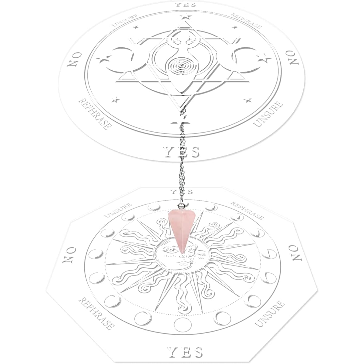 AHANDMAKER Acrylic Pendulum Board Set 2 Styles Planchette with Stainless Steel Cable Chain and Natural Rose Quartz Stone Pendant Magical Tools Spirit Altar Sun Pattern