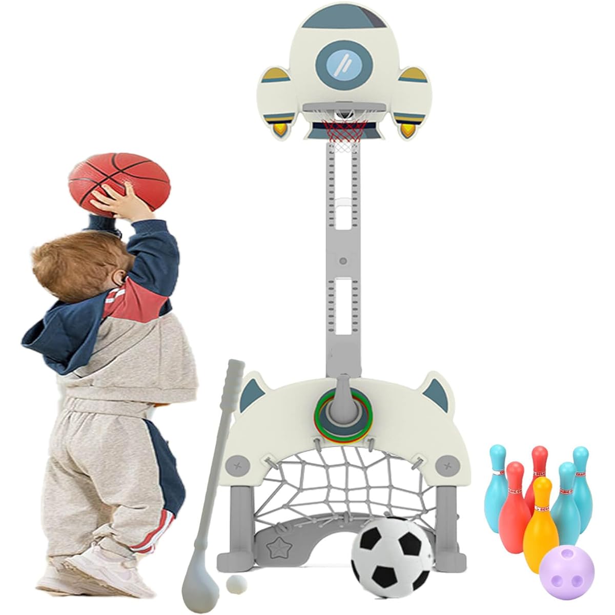 HouzeFun 5-in-1 Adjustable Height Toddler Sports Activity Center Indoor Outdoor Sports Toys Set with Basketball Hoop, Soccer Golf Hoop, Bowling, Best Sports Gifts for Kids Ages 3-5, 4-8, 8-12 (White)