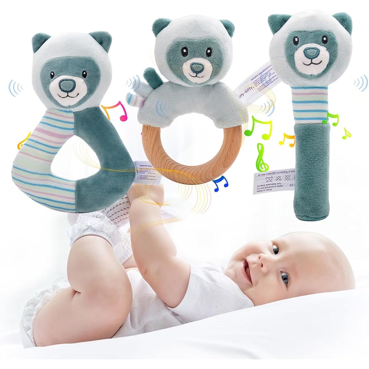 Itty-Bitty 3pcs Baby Rattles 0-12 Months Baby Soft Rattle Newborn Sensory Toy High Contrast Baby Toys 0-12 Months Plush Rattle Toy Toddler Boys Girls Squeaker Rod Gift (Blue)