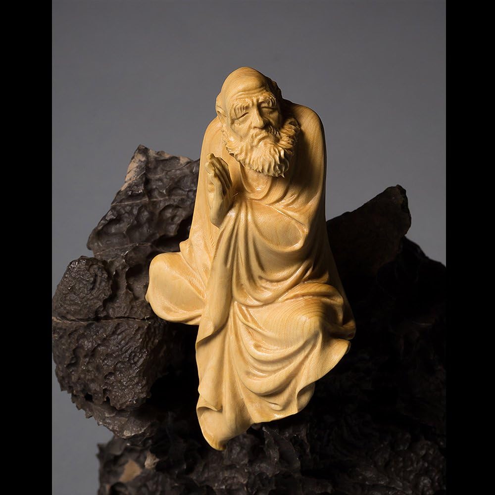[Hanano] Dharma Daishi Seated Statue, High Quality Natural Boxwood Carved Dharma Wooden Statue, Wooden Buddha Statue, Buddhist Art, Daruma Bodhi Dharma, Dharma, Founder of Chinese Zen Buddhism, Zazen,