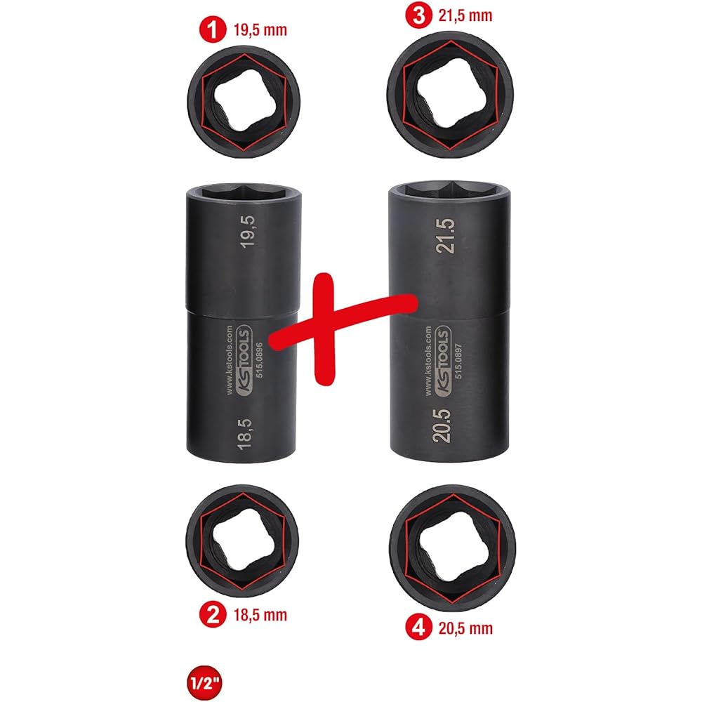 KS Tools 1/2" Special Aluminum Rim Impact Socket Set for Ford 18.5 / 19.5 / 20.5 / 21.5 mm 2 pieces 515.0895