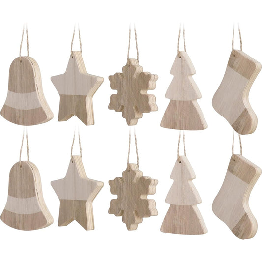 Treory Christmas Decorations Home Decor: 10 Sets Rustic Wooden Christmas Tree Decoration Boho Christmas Stocking Bell Star Snowflake Tree Decoration Hanging Ornament for Christmas Tree Fireplace Garland