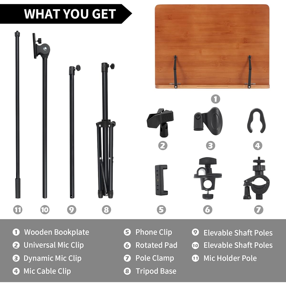 Shikha Music Stand with Mobile Phone Holder and Microphone Holder Brown Wooden Book Plate 3 in 1 Multipurpose Folding Sheet Music Stand & Desktop Book Stand Portable Adjustable Heavy Duty with Clip Holder