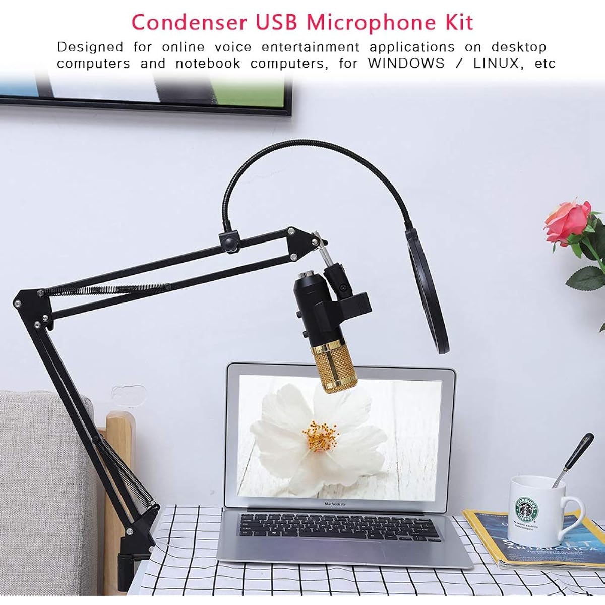 Microphone Reverberator Set with Boom Arm for Podcast Condenser Mk F600tl Microphone Plug and Play Compatible Operating System Win Streaming/Voice Chat/Virtual Hosting/Personal Recording