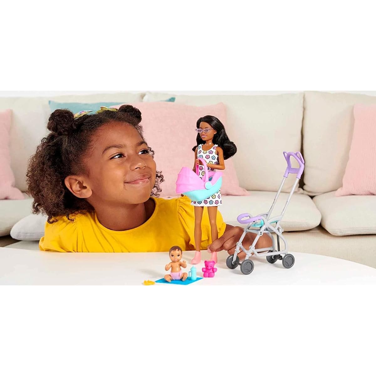 Barbie Skipper Babysitters Inc. Playset with Babysitter Doll (Curly Brunette Hair), Stroller, Baby Doll & 5 Accessories, Toy for 3 Year Olds & Up