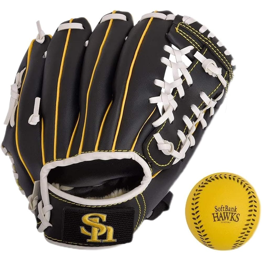 Fukuoka Softbank Hawks x GP Baseball Children's Glove Soft Ball Included For Lower Elementary School Grades 9 Inch [Black/Yellow] [Right Throw/Left Throw]