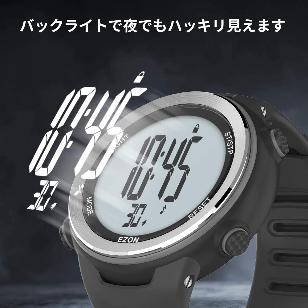 EZON Running Watch Sports Watch Heart Rate Monitor IP67 Waterproof and Dustproof 1.22 inch Large Display Men's Black