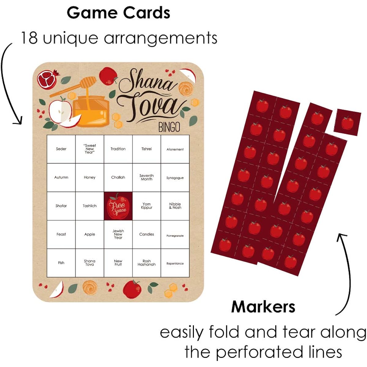 Big Dot of Happiness Rosh Hashana Bingo Cards and Markers Jewish New Year Bingo Game Set of 18