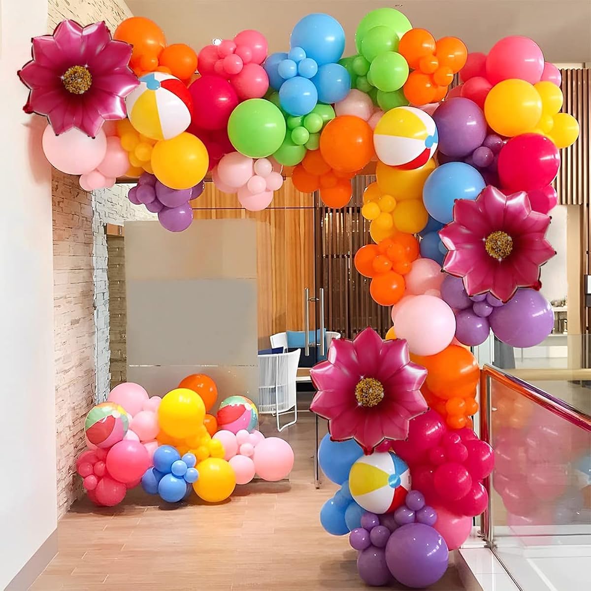 Tropical Balloon Arch Garland Kit 128 Pieces Rainbow Sunflower Balloons with Splash Inflatable Pool Beach Ball Hawaii Aloha Luau Flamingo Theme Birthday Party Baby Shower Wedding Decorations (Rainbow)