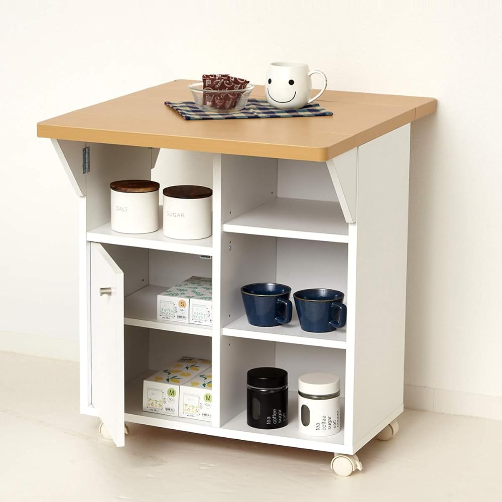 Kuroshio Kitchen Wagon Width 60cm Butterfly Type with Casters White Wooden Made in Japan Large Capacity Slim Top Plate Extension Table
