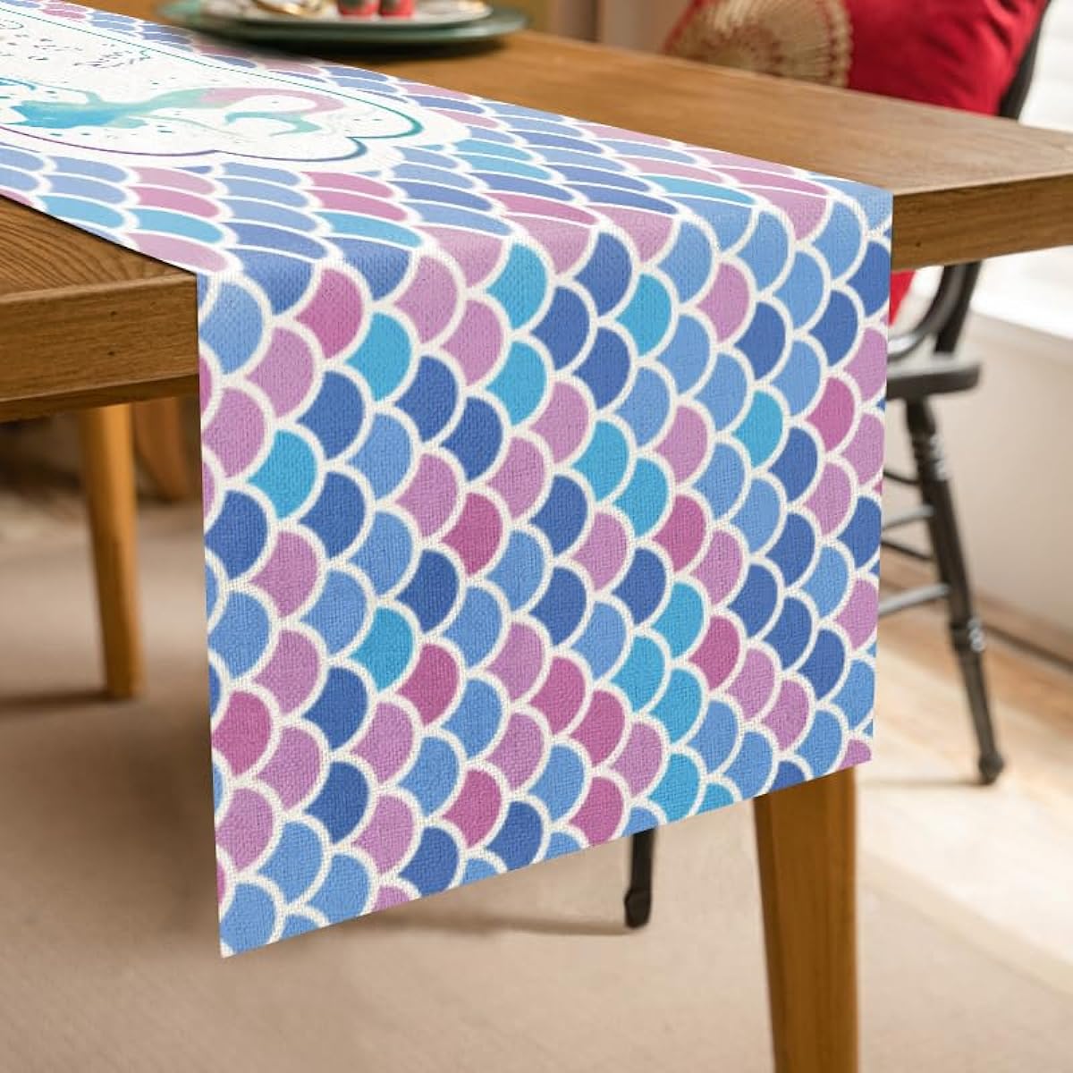 RUSPEPA Table Runner Purple Mermaid Linen Table Runner for Birthday Kitchen Dining Decor Party Table - 13 x 72 Inch - Birthday Mermaid, TR1372-SR-MRY
