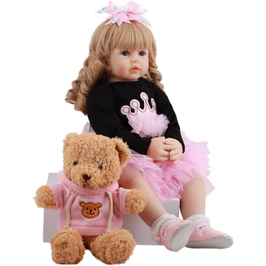 60cm Reborn Toddler Doll Long Curly Hair Girl Baby Doll Pink Dress Lifelike Newborn Baby Toy