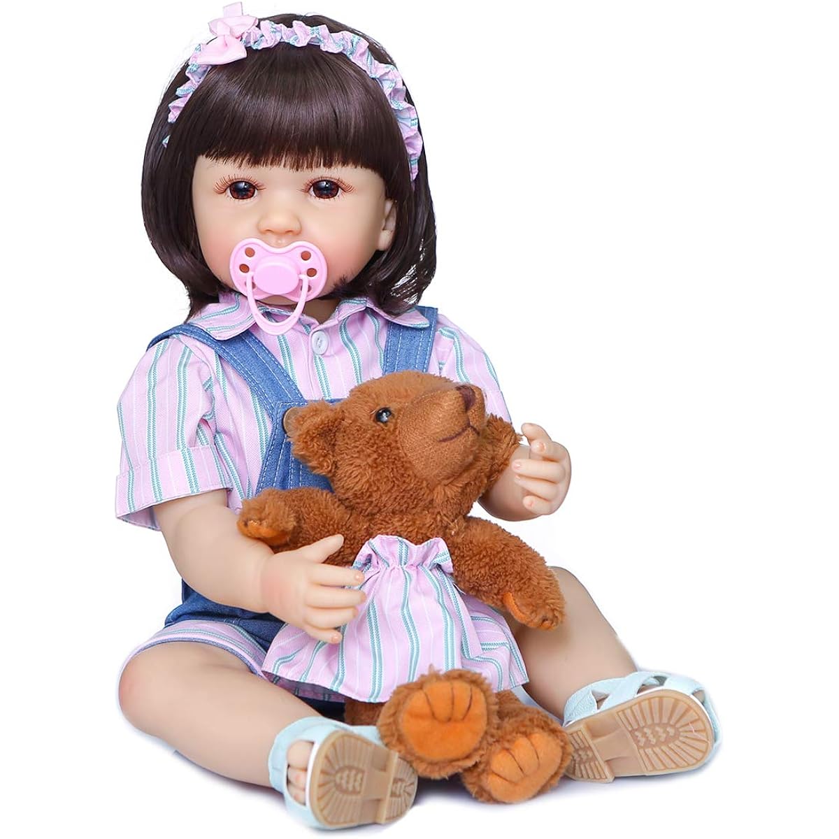 RXDOLL Reborn Baby Doll Girl 22 Inch Soft Silicone Full Body Lifelike Newborn Baby Toddler Doll Toy Big Eyes Jeans with Hairband for Kids Festival Gift Reborn Doll