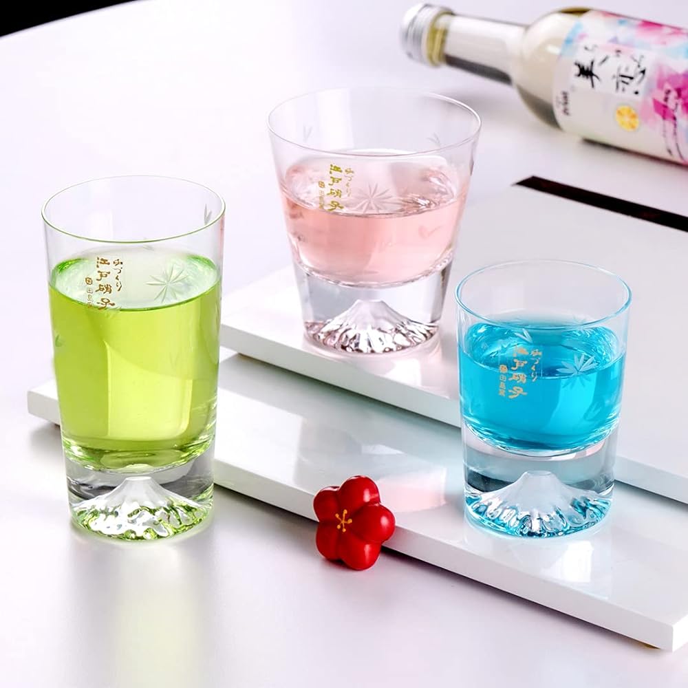 2021 Released! Fuji Glass, Tajima Glass, Mini Cherry Blossom Tumbler Glass, 3 Piece Set, Sakura Kiriko Mini Souvenir Grand Prix, Edo Glass, Mt. Fuji, Sea, Whiskey Glass, Rock Beer, Japanese Sake,