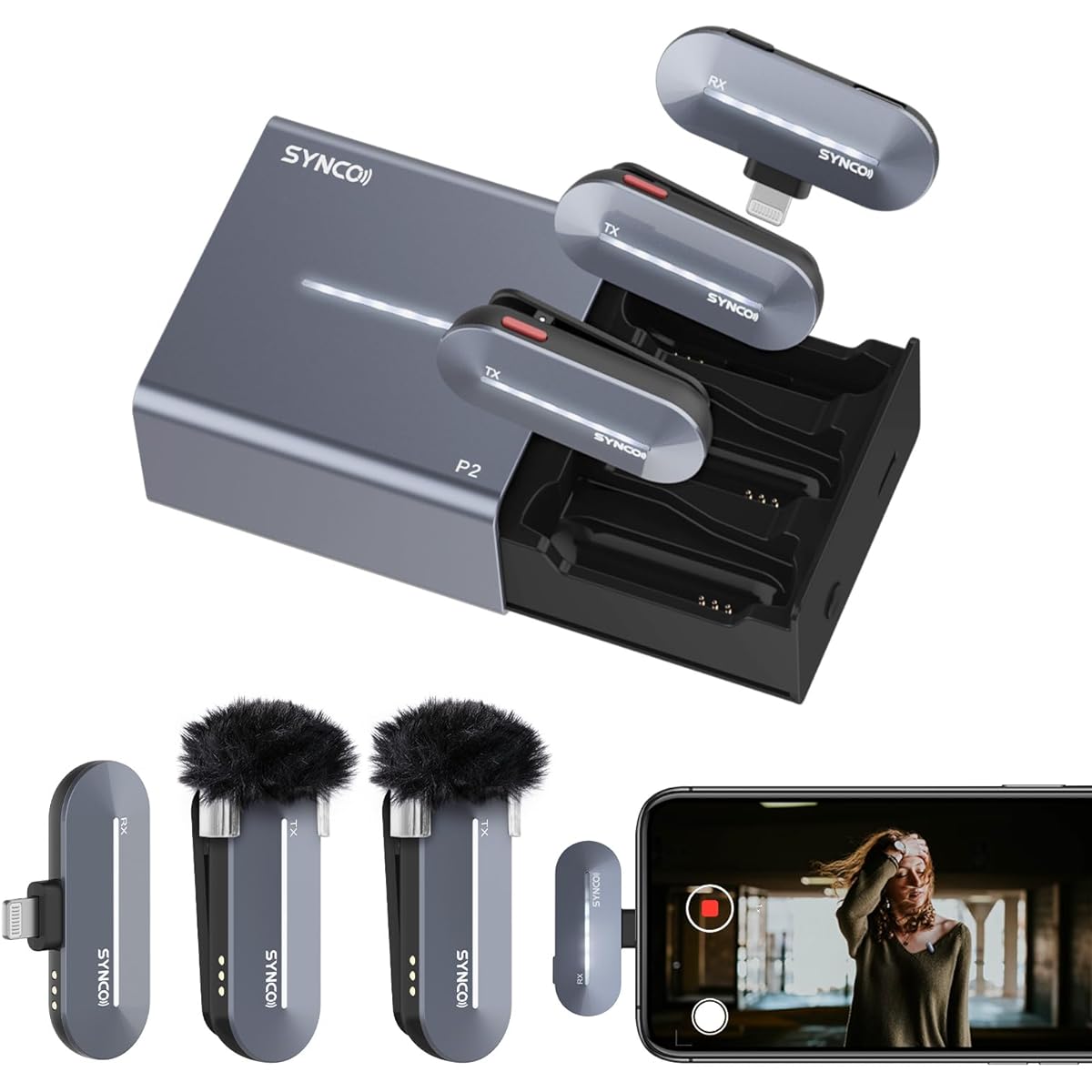 recording, quick automatic pairing, volume adjustment, noise canceling function, 150m transmission distance, long-term use, iOS compatible, 2 transmitters and 1 receiver, iPhone Lapel Microphone - Wireless - Microphone - External - Smartphone Microphone