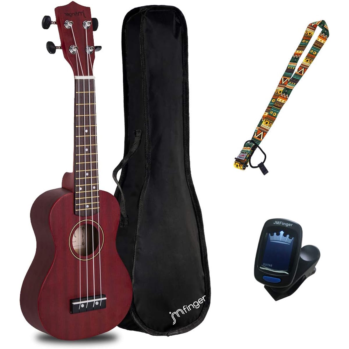 JMFinger Soprano Ukulele Beginner 21 Inch Sapele Plywood Kids Ukulele Kit with Gig Bag Strap Digital Tuner Wine Red