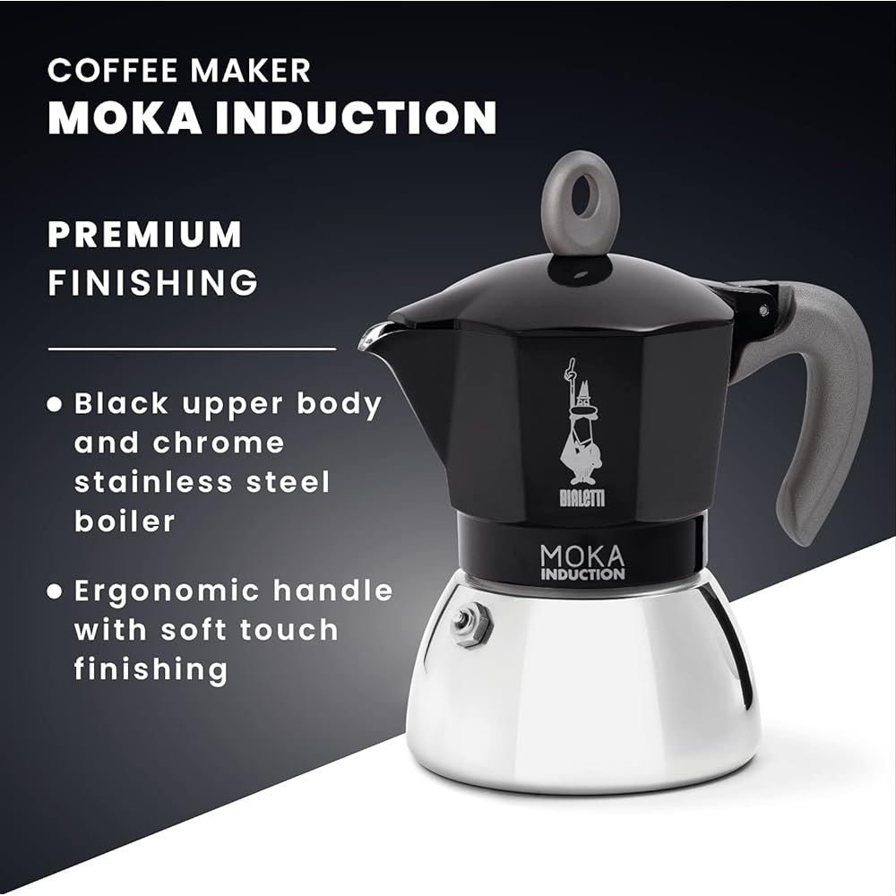 Bialetti New Moka Induction Coffee Maker Moka Pot, Aluminum, Black: Made in Italy, 4 Cups 200ml