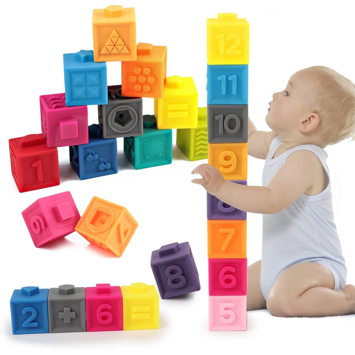 OWNONE 12 Soft Blocks for Babies | Soft Stacking Building Blocks | Rubber Blocks for Toddlers 1-3 Years | Montessori Toys 6-12 Months