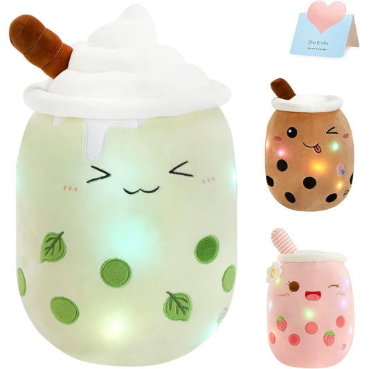 Athoinsu Light Up Matcha Boba Tea Plush Pillow, 10 Inch Cute Stuffed Animal Bubble Animal Toy with LED Lights, Birthday Christmas Holiday Valentine Gift for Kids Girls Boys
