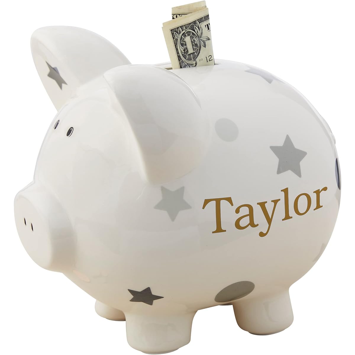 Personalized Baby Grey Polka Dot & Star Piggy Bank Ceramic Money Box Boys/Toddler Money Box with Vinyl Applique Perfect Gift for Boys or Girls