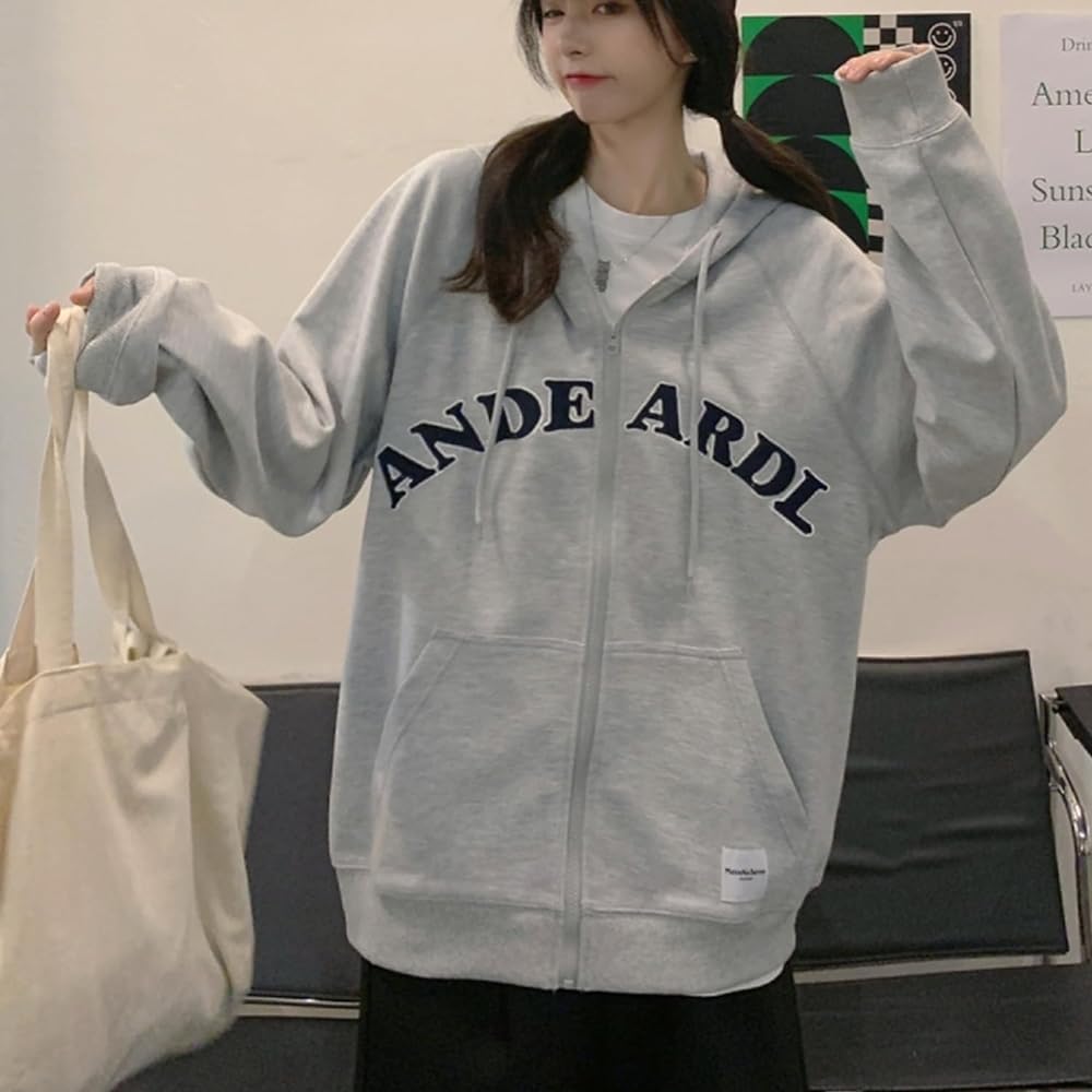 [bluefeel] Zip-up hoodie for women, street style, with pockets, hooded sweatshirt, stylish, big silhouette, drop shoulder, body cover, stylish top, loose, large size, plain, printed