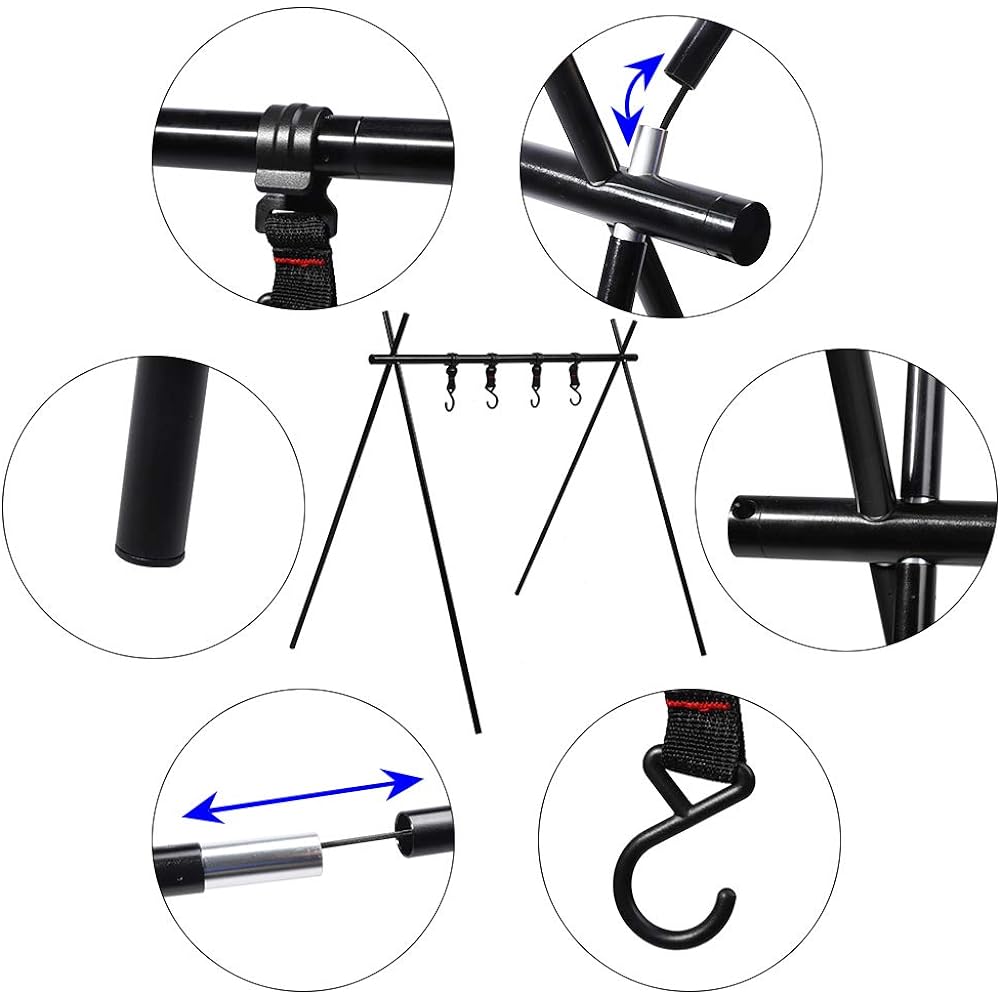 Lantern Stand, Aluminum Lantern Hanger, Foldable, Easy to Assemble, Includes 6 Hanging Hooks, Storage Hanger, Ultra Light Cooker Stand, Outdoor/Indoor Camping, Clothes Drying, Storage Bag Included, Black