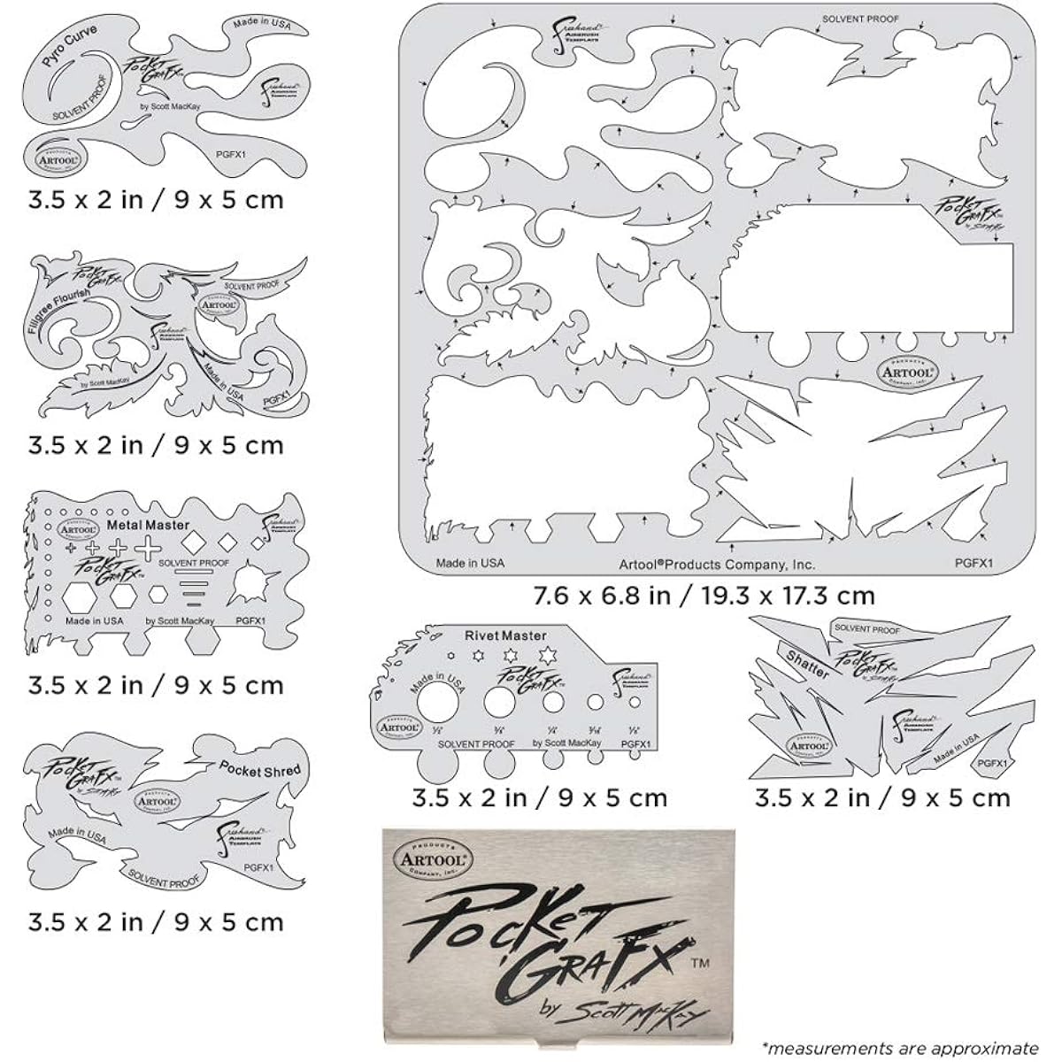 Artool Pocket GraFX PGFX1 Freehand Airbrush Template by Scott MacKay with 6 Stencils and Stainless Steel Holder