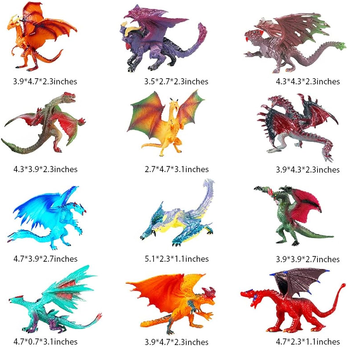 Hiawbon Mini Dragon Figures Kit, Set of 12 3" Realistic Hand-painted Dragon Models, Plastic Magic Dragons for Birthday Party Favors Cupcake Toppers