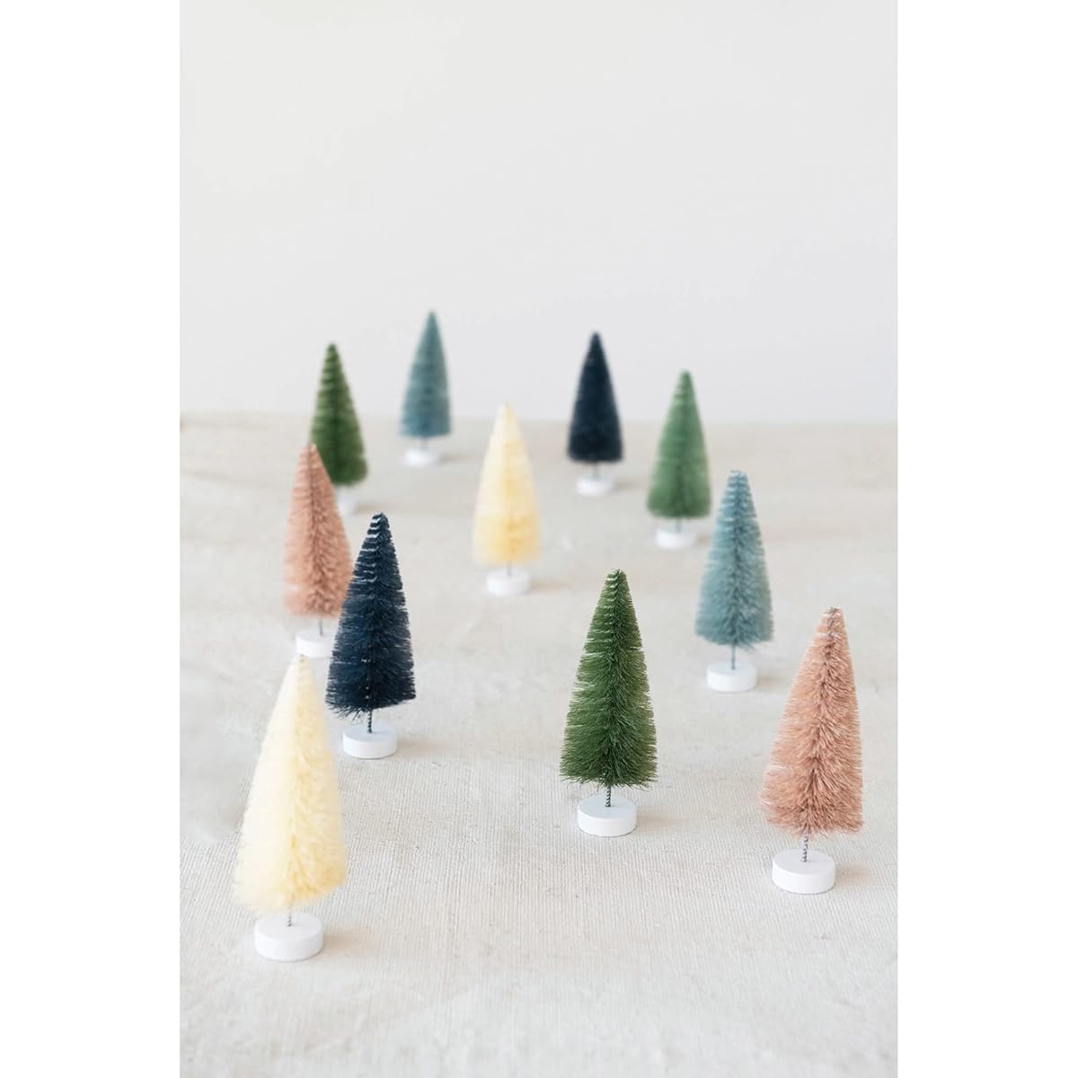 Sisal Bottle Brush Trees, 2" Round x 5-1/4" Tall, Wood Base, Multicolor, Set of 12