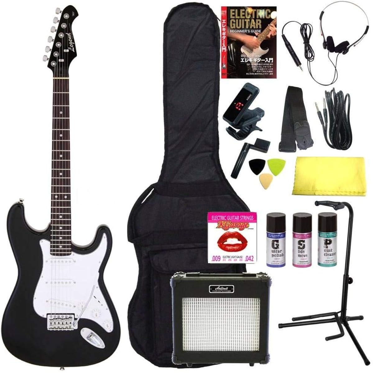 [Perfect 16-piece set/ARIA 6W amplifier] Legend LST-Z BKBK (Black) Stratocaster electric guitar beginner set introductory set