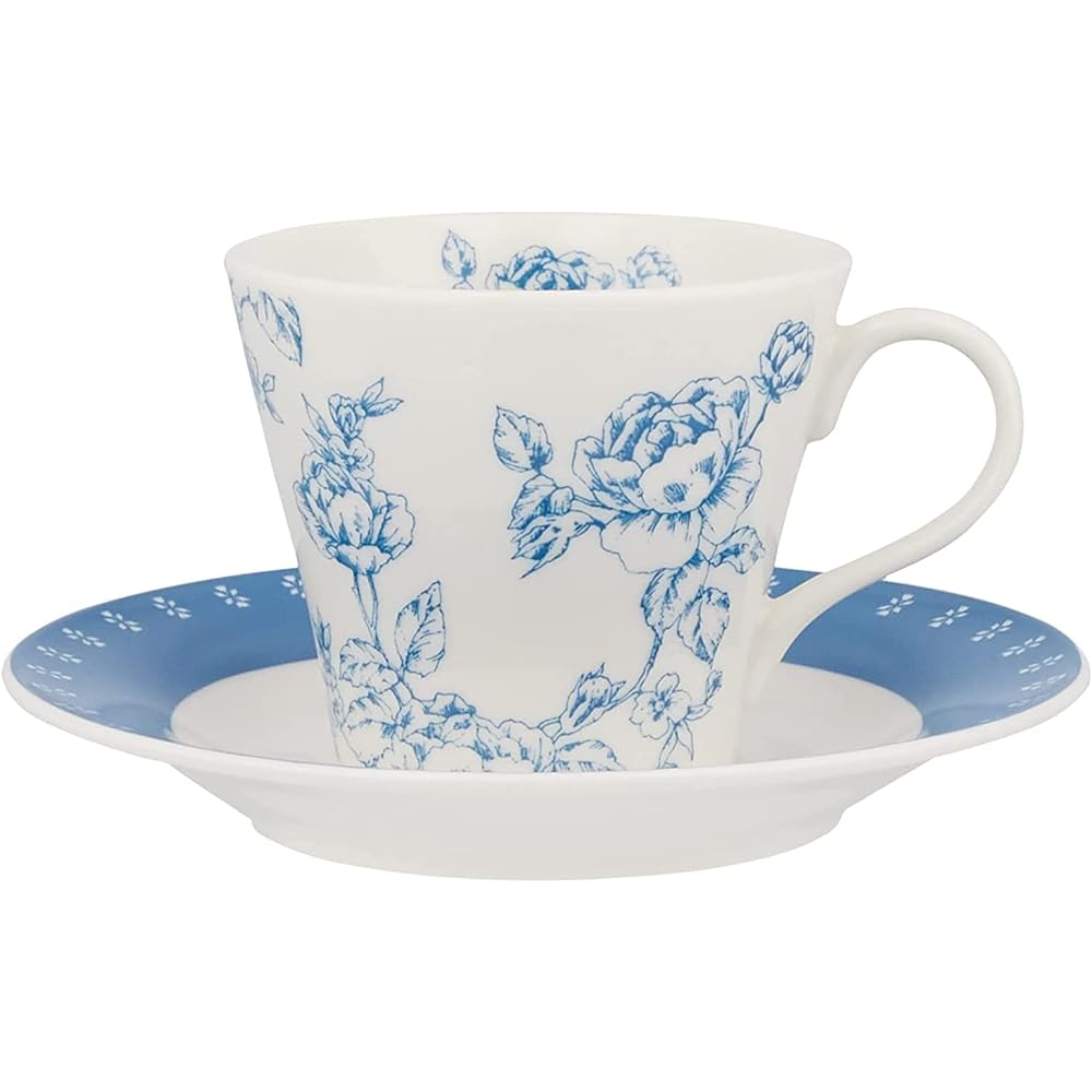 Laura Ashley Cafe Gift Tea Set Summer Rose (Coffee Cup Diameter 8.5cm & Saucer Diameter 15cm) 5-Customer Set Coffee Cup Tea Cup Tea Cup Tableware Stylish Rose Pattern Antique Floral Pattern Cup Saucer White Blue Tableware Set Present Women Made in Japan