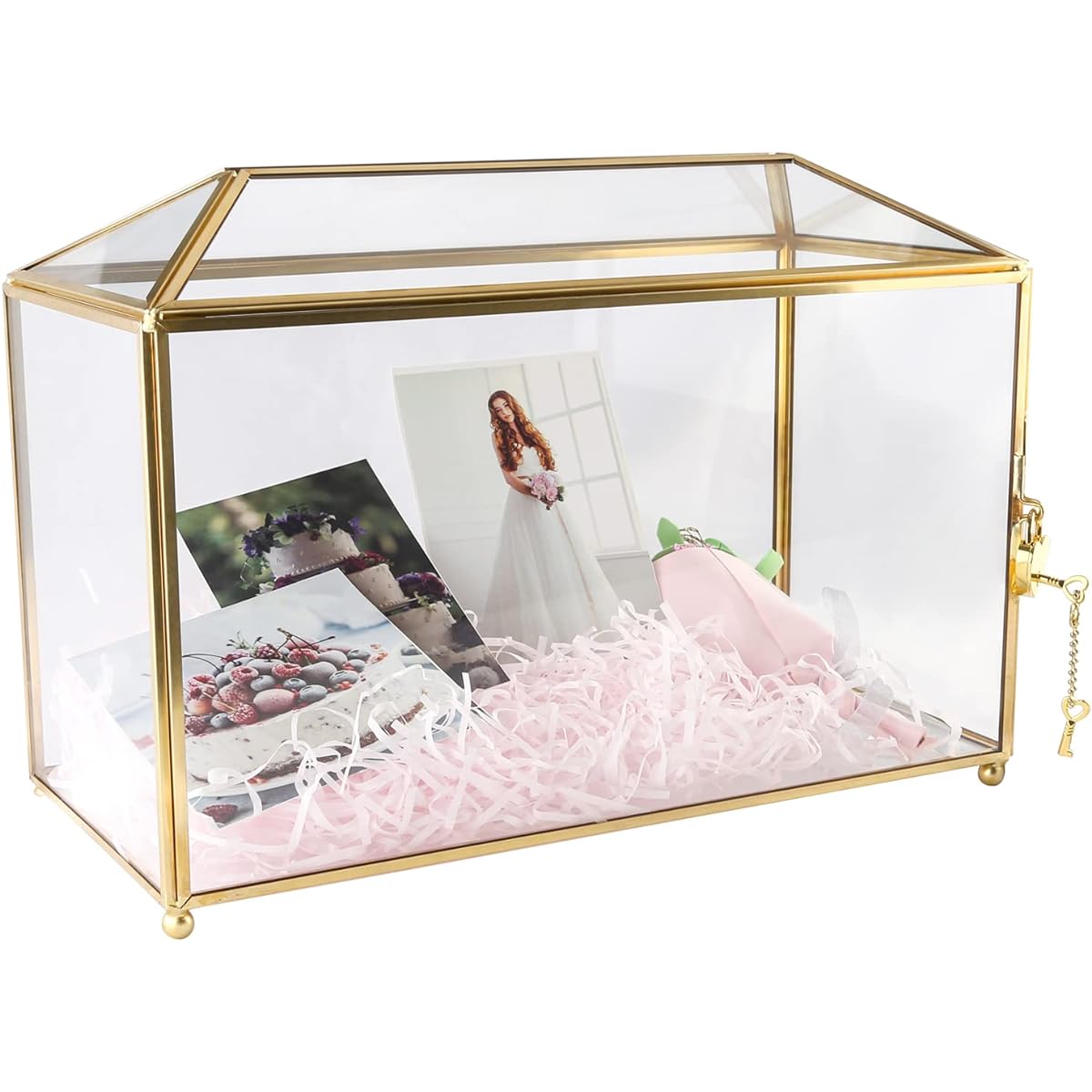 Vetoo 10.2 x 8.3 x 5.9 inch Gold Glass Card Box with Lock and Slot Wedding Card Box for Reception Graduation Gift Card Party Baby Shower Clear Geometric Terrarium Centerpiece Gift