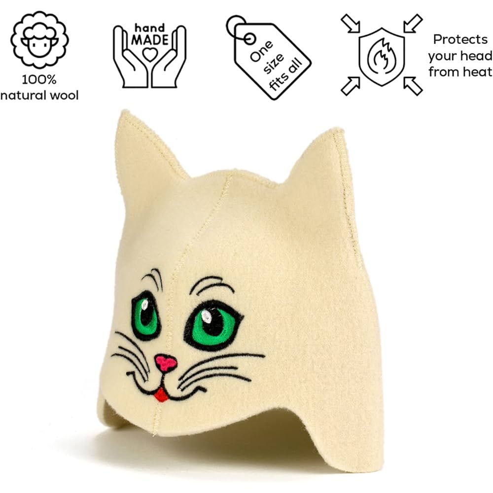 Natural Sauna Hat "Sauna Kitten Green" White/Gray 100% organic wool material makes you feel like you're in a Russian sauna - Protects your head from the heat - English e-book about saunas Comes with a guide – with embroidery