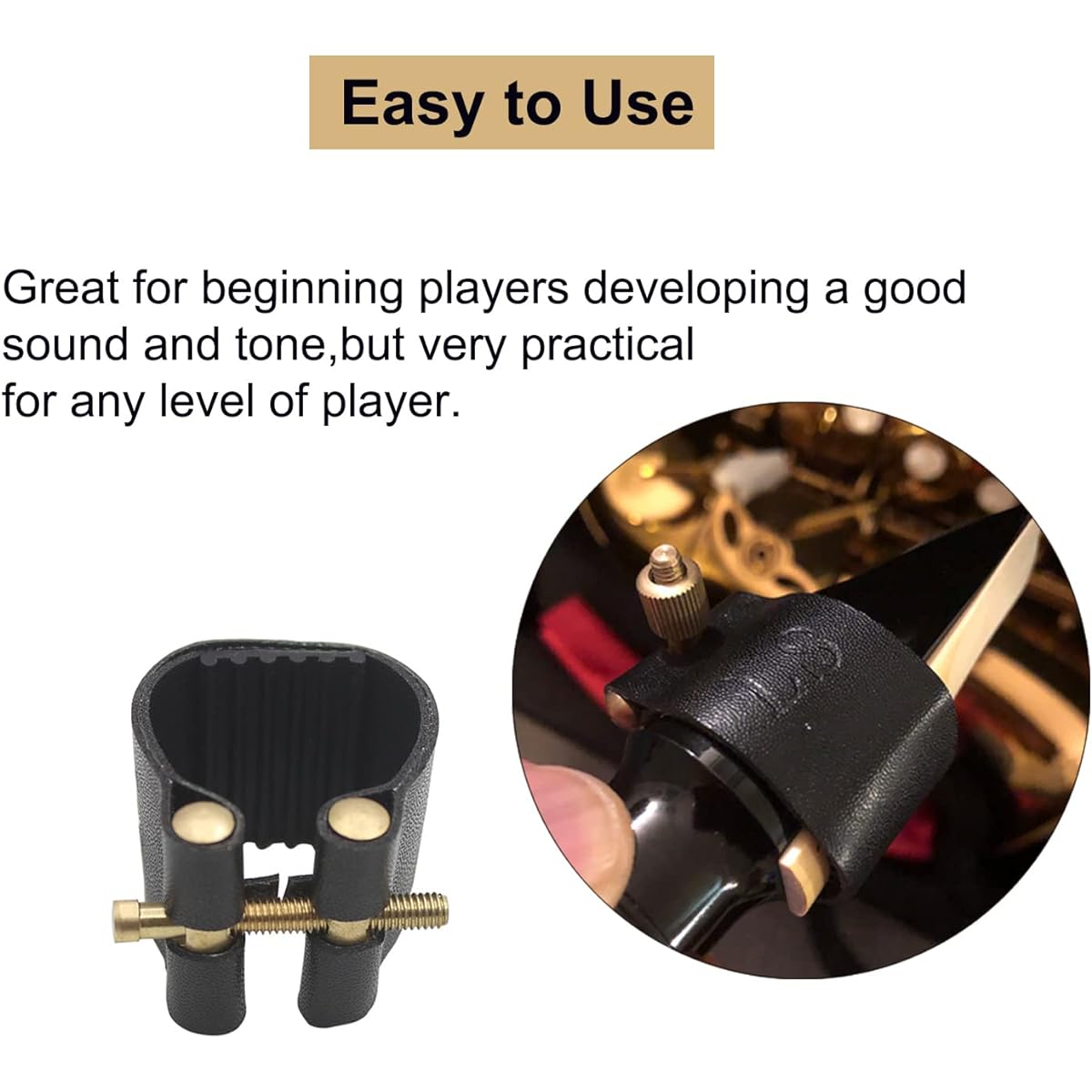PU Leather Alto Saxophone Ligature Clip Fastener with Saxophone Mouthpiece Plastic Cap for Alto Saxophone
