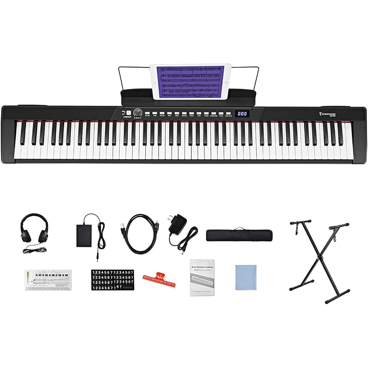 mode. The electronic lowboard 88-key keyboard has 128 tones, 128 rhythms, and can be powered by an AC adapter or 4 alkaline AA batteries. MIDI function and various external connections, keyboard stand, headphones, sustain pedal, music stand, storage bag