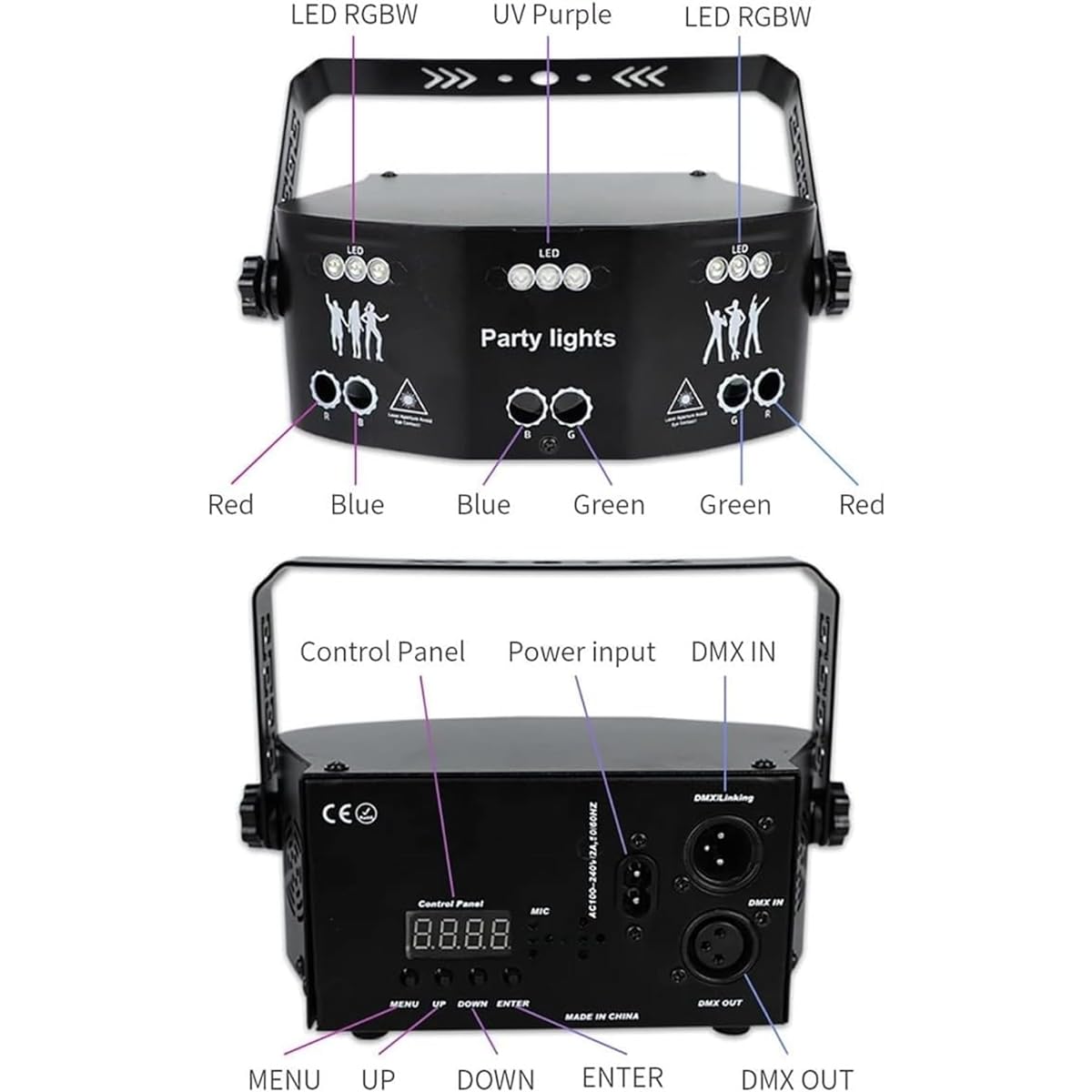 15 Eyes Party DJ Disco Light Strobe Light LED RGB UV Purple Light, Voice Control Strobe/DMX-512, Multiple Pattern Combinations, for Kids Birthday, Family Gathering, Christmas, Wedding