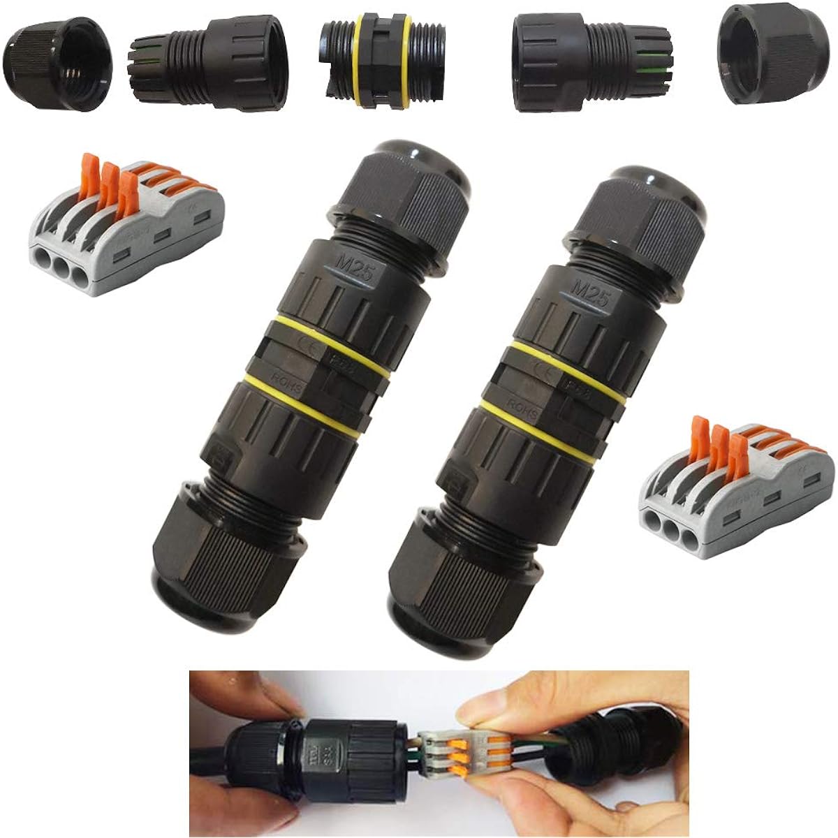 CESFONJER Junction Box Outdoor Waterproof IP68 3-Way Line Cable Connector M25 Wire Range 6-11mm Power Cable Sleeve External Coupler Protection Box (2 PCS)