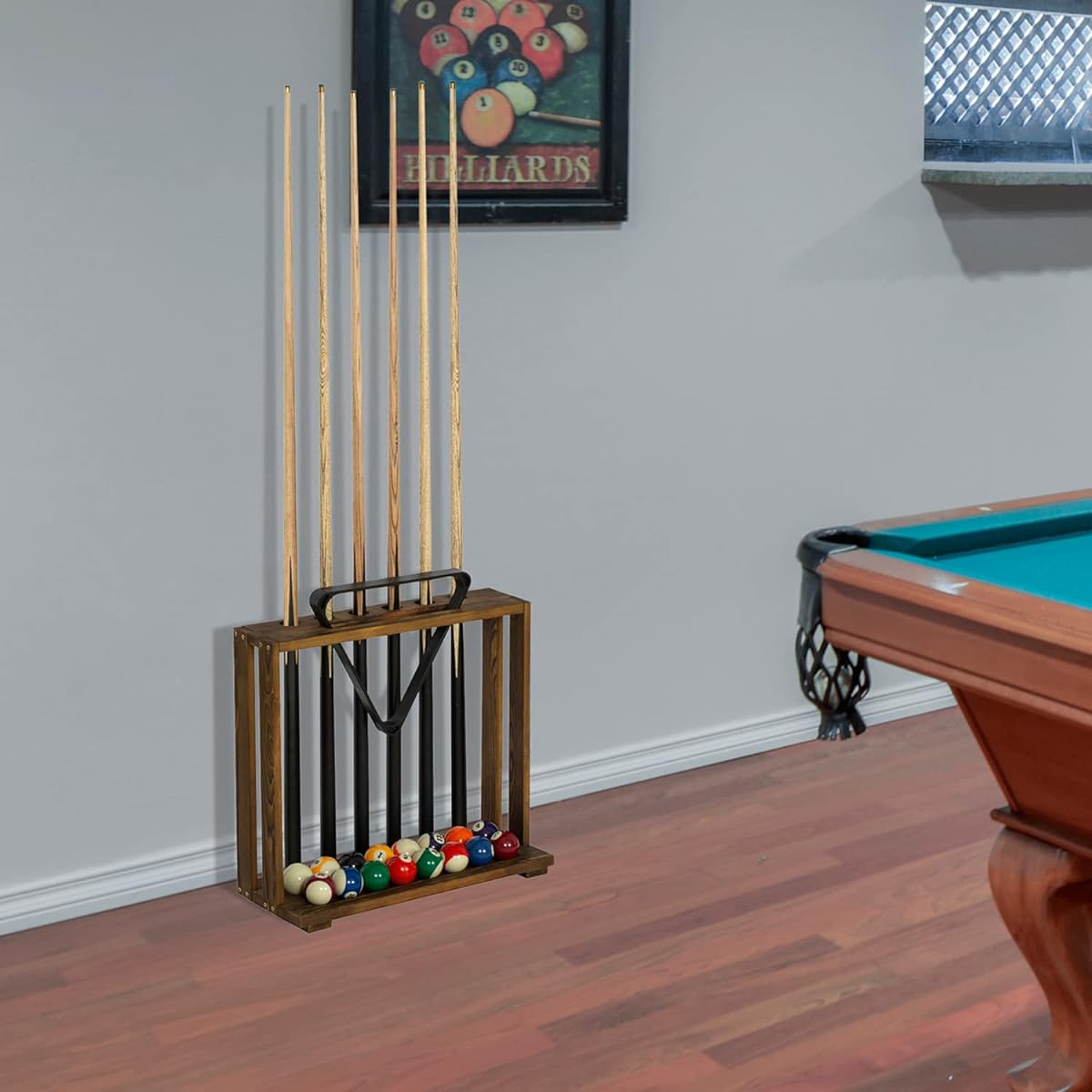 MyGift Rustic Burnt Solid Wood Freestanding Billiard Pool Cue Organizer with Ball Storage and Triangular Rack Slots