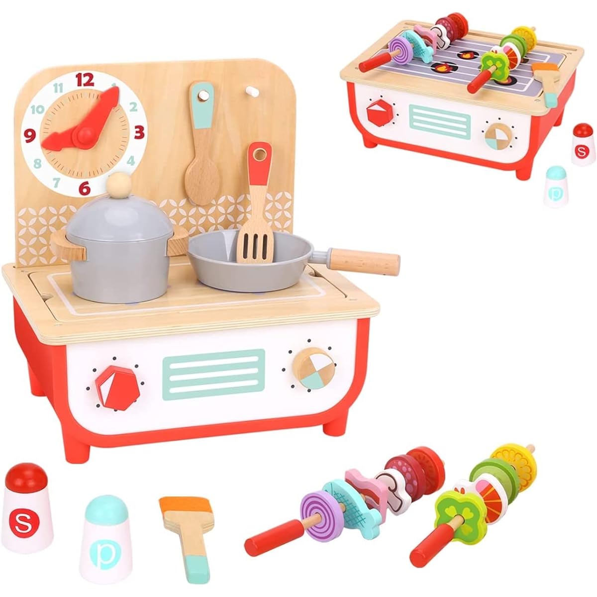 TOOKYLAND Kids Kitchen Playset, BBQ Grill Toy, Multifunctional Wooden Play Kitchen for Toddlers, Kids Play Food Set with Food Molds, Ages 3+