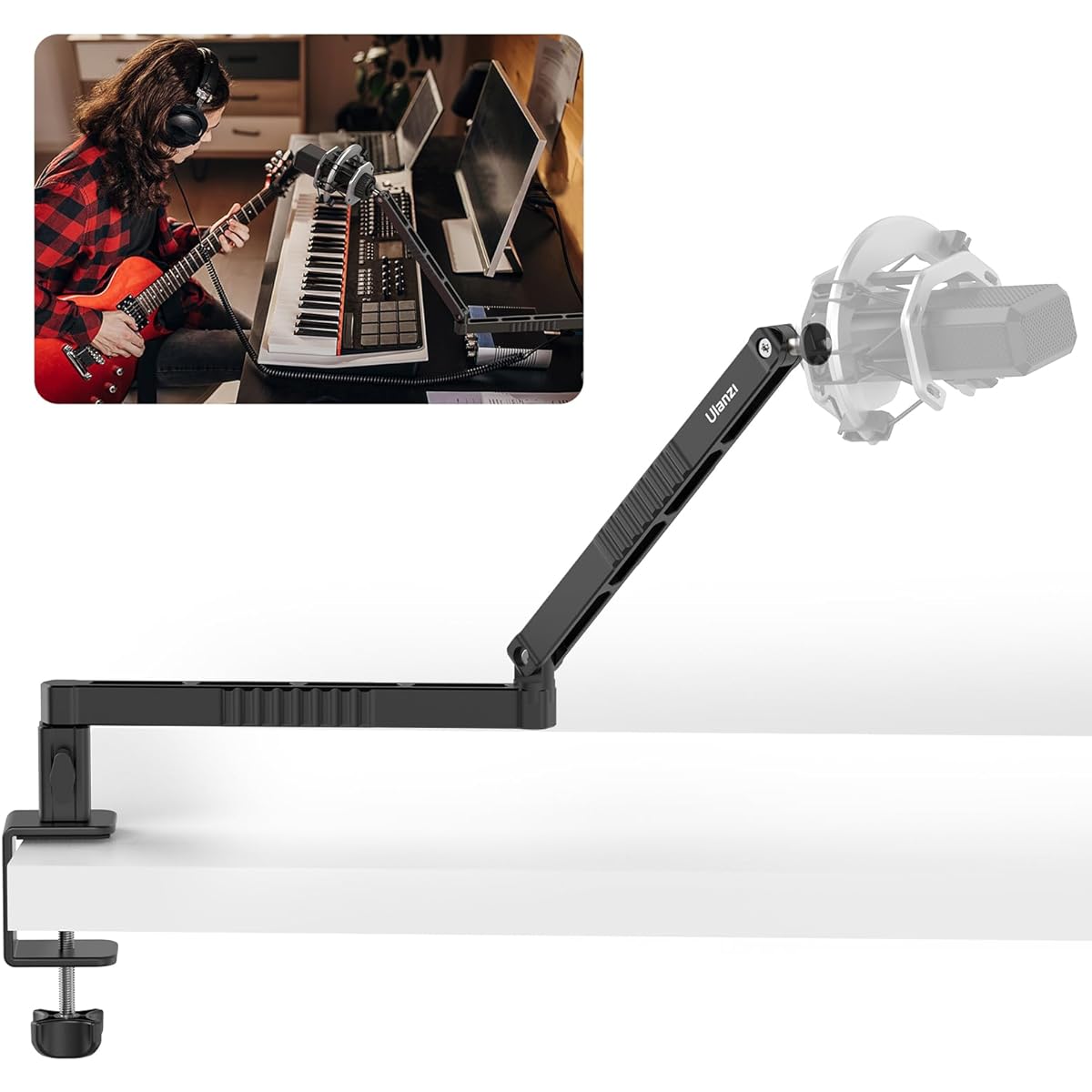 Upgrade ULANZI LS26 Thin Microphone Arm Aluminum 360° Rotatable Foldable Microphone Low Arm Desk Mount for Podcast/Streaming/Game/Radio Studio with Mic Clip 1/4" 3/8" 5/8" Thread Compatible with Most Microphones