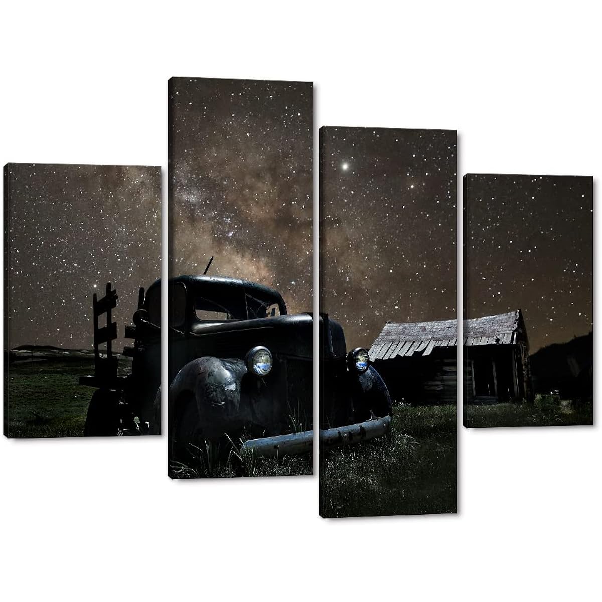 Rusty Car Canvas Wall Art Home Office Wall Decor 4 Panels Old Truck Under Stars Landscape Poster Gallery Art Oil Painting Wood Stretched Frame Giclee Canvas Prints Ready to Hang 48"W x 36"H