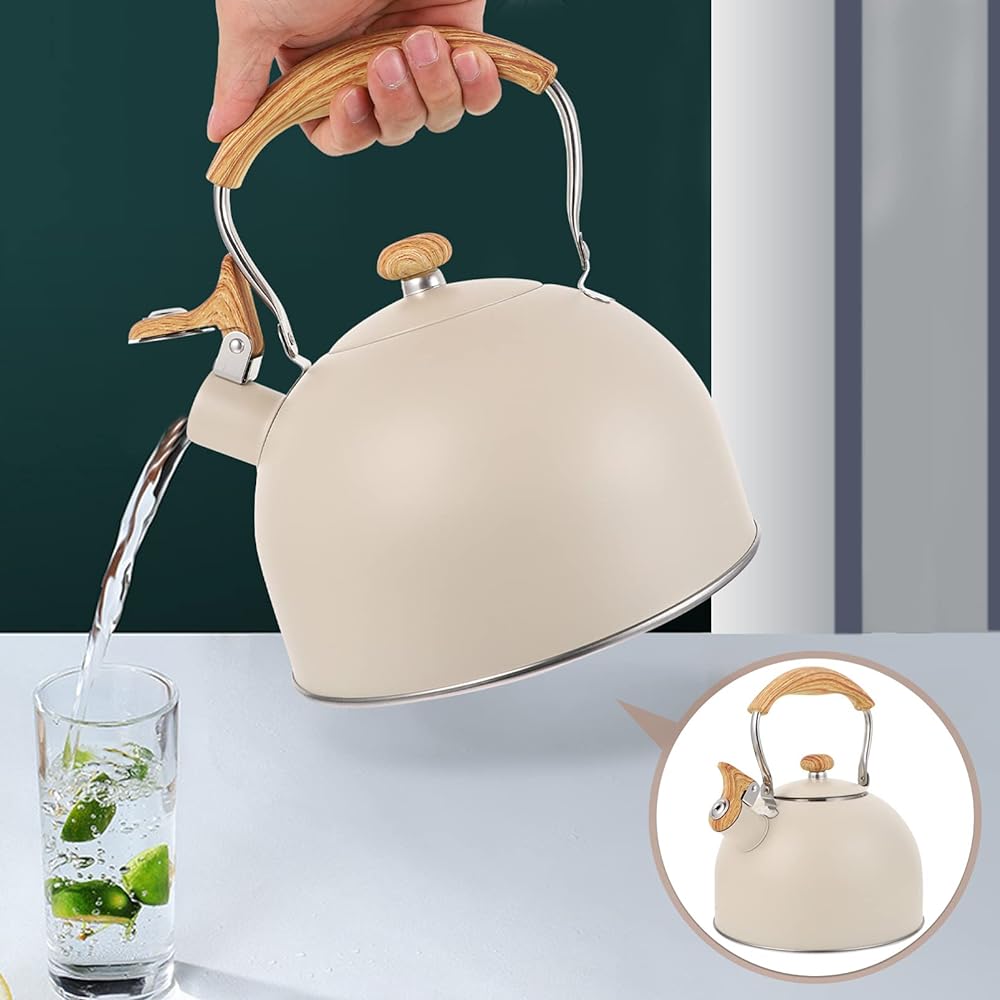 OUNONA Kettle, Whistling Kettle, 2.5L, Kettle, Large Capacity, IH Compatible, Stylish, Wood Grain Handle, Stainless Steel, Scandinavian Style, Wide Mouth, Family Use, Gas Stove, Cute Cooking Utensil, Beige