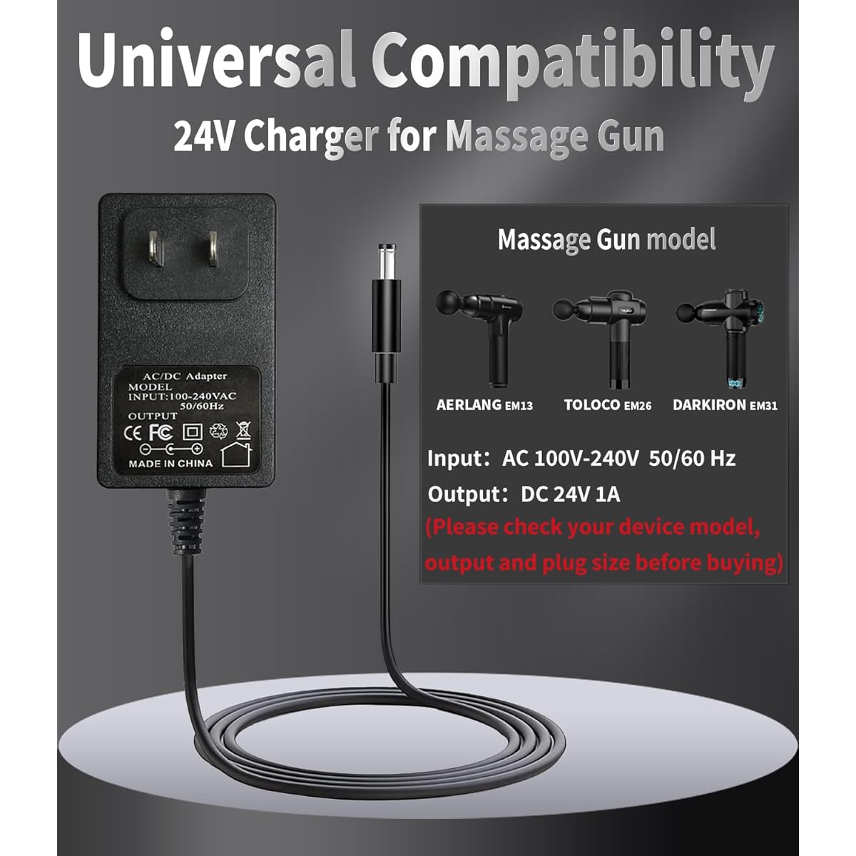 24V Massage Gun Charger ERLANG EM13 / Darkiron EM31 Massage Gun Charging Cable TOLOCO EM26 Massage Gun Charger Replacement