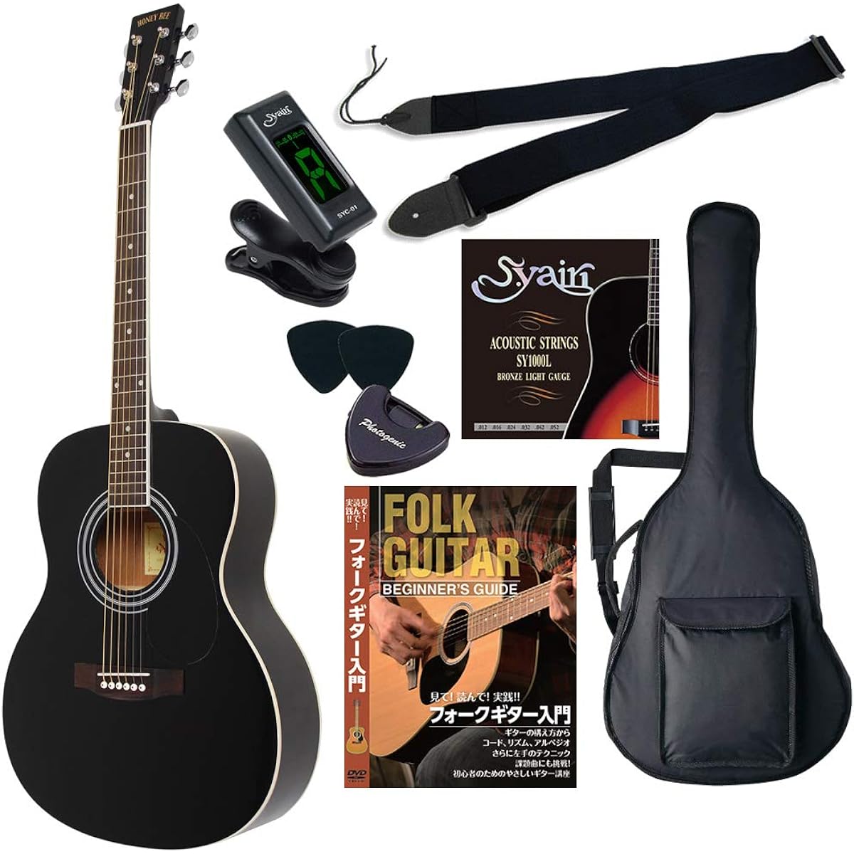 HONEY BEE Acoustic Guitar Folk Guitar Type F-15/BK Beginner Introductory Limited Tuner Set [Clip Tuner]