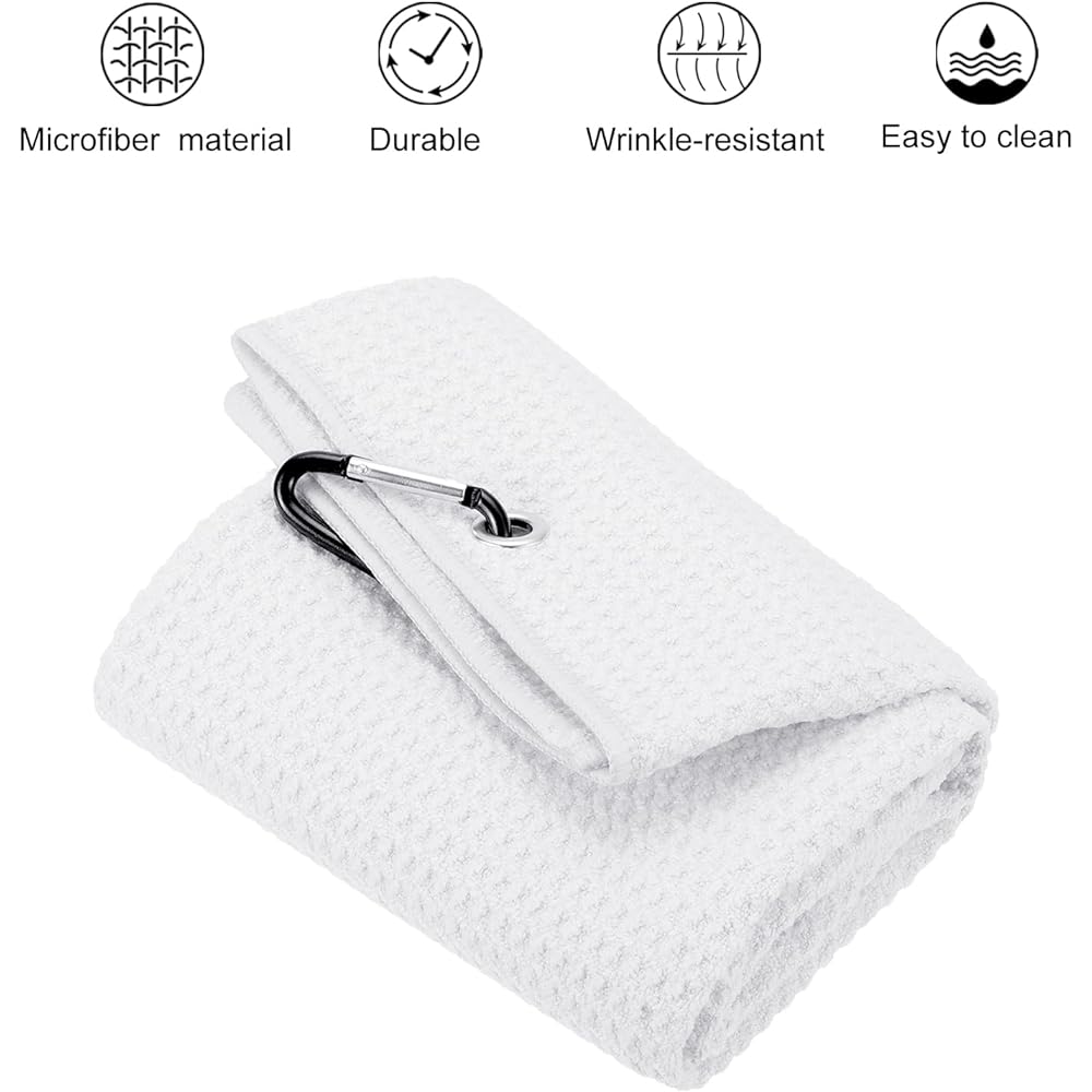 PATIKIL 60 x 40 cm Tri-Fold Golf Towel 3 Pieces Waffle Pattern Towel Soft Fiber Strong Water Absorption with D Clip for Golf Enthusiasts White