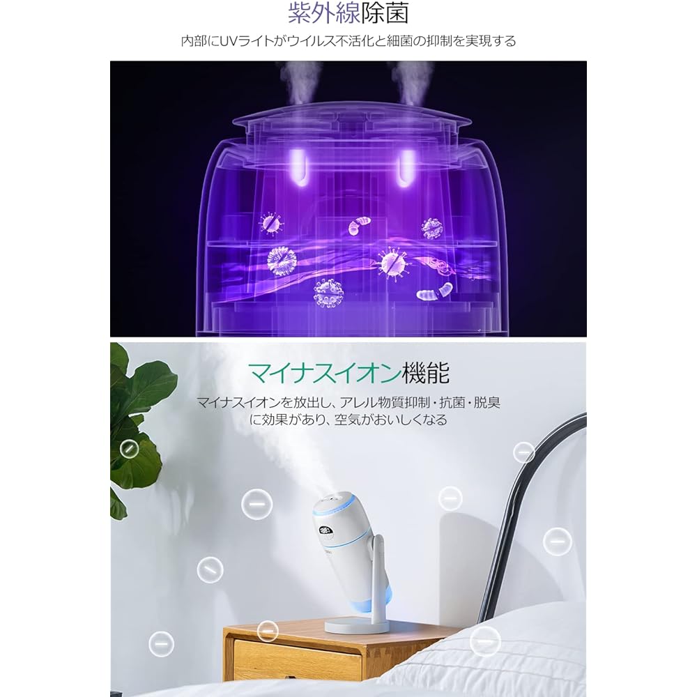 Tabletop Humidifier, Small, 16.9 fl oz (500 ml) (UV Light Disinfecting & Negative Ions & Double Nozzles), Ultrasonic Humidifier, Aroma, Large Capacity, USB Rechargeable, LED Display, 180° Up & Down