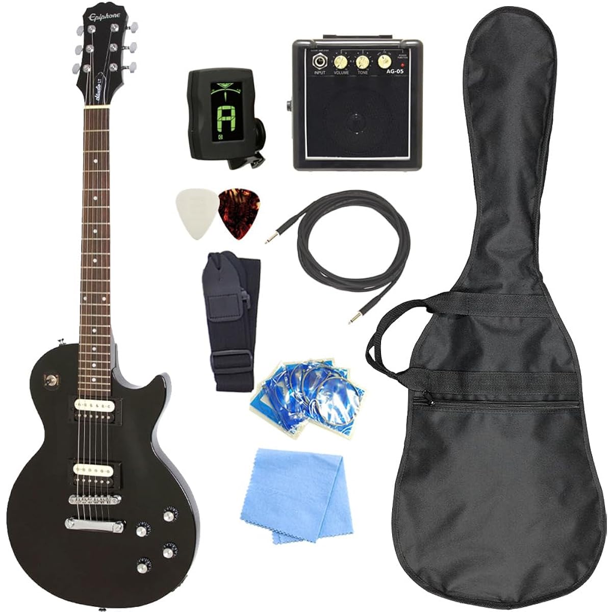 Epiphone Les Paul Studio LT E1 EB Electric Guitar, Beginner's, Mini Amp Included, 9-Piece Set [98765]