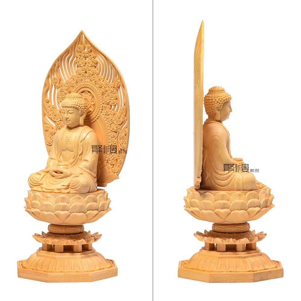Hanro Art Sculpture Buddha Statue Shaka Nyorai Soto Zen Rinzai Buddhist Altar Buddha Statue Wood Carving Cypress Wooden Prayer Amulet Shonun Halo Octagonal Base (Height 28cm x Width 12cm x Depth 12cm)