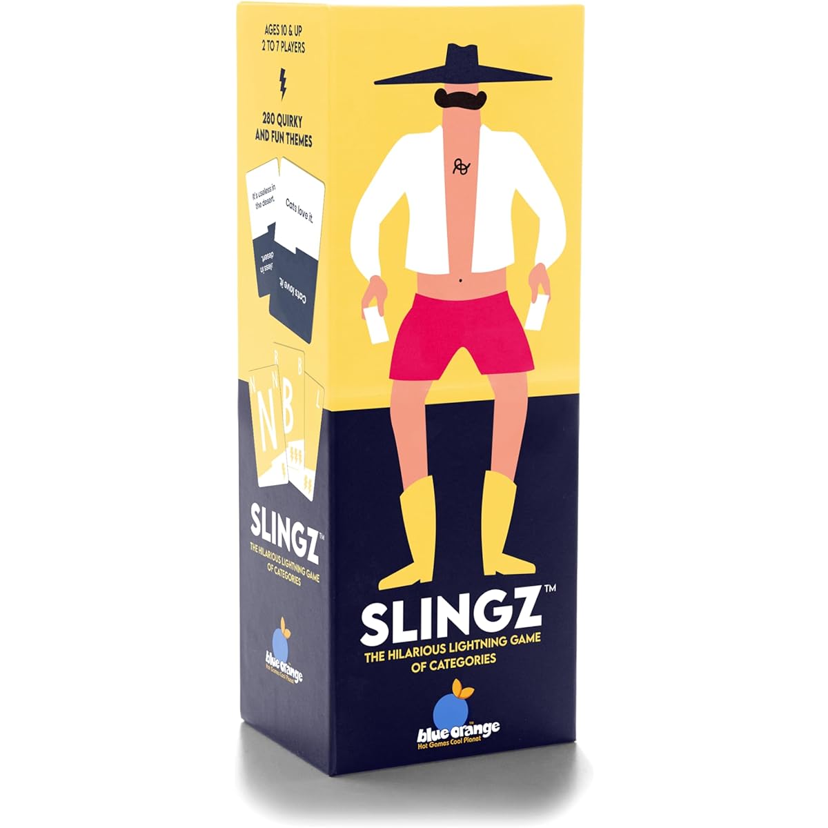 Blue Orange Slingz Games, a fast and hilarious word card party game for ages 10 and up, 2-7 players
