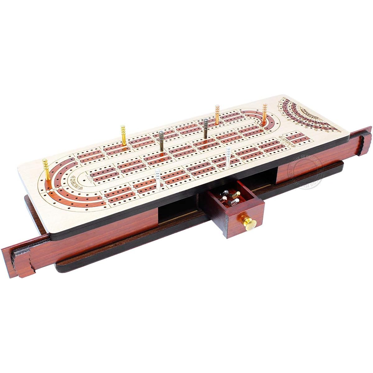 House of Cribbage - 4 Track - Continuous Cribbage Board Alphabet E Shape Maple Wood Inlay / Bloodwood: Size - 13.5" x 4.75" - Separate Storage Space for Two Decks of Cards and Pegs